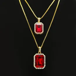 2pcs Jóias de colar de rubi Conjunto de ouro Silver Gold Plated Out Square Red Pingente Hip Hop Box Chain280a