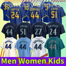 Anpassad 44 Julio Rodriguez Baseball Jersey Ken Griffey Jr. Jarred Kelenic Ichiro Suzuki Edgar Martinez Kyle Lewis Jesse Winker Felix Hernandez City Blue Stitched