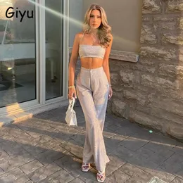 Suits Giyu Mode Glitter Tweedelige Set Vrouwen Club Party Sexy Crop Top Broek Sets Zomer Casual Spaghetti Strap Backless Slim outfits