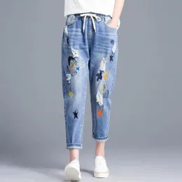 Calças de brim famosa marca jeans vintage buraco estrela bordado tornozelo comprimento denim jeans feminino casual solto harem pant calças pano