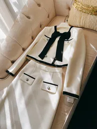 2024 Spring White Contrast Color Two Piece Dress Sets Long Sleeve Round Neck Double-Breasted Coat + Panelled Buttons Split Mid-Calf Skirt Set Two Piece Suits D3D183227