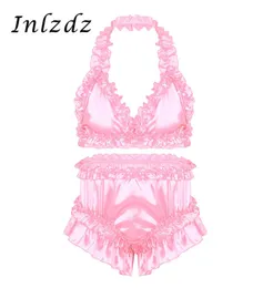 Mens Sissy dresser Lingerie Suit Satin Frilly Ruffled Lingerie Set Bra Tops with Knickers Bloomers Briefs Gay Underwear Set9302097