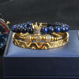 Moda 3pcs Conjunto Crown Bangel Bracelet Men and Woman Leopard Braiding Bracelet Bulbões de aço inoxidável Blue CZ Jewelry3077