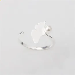 Antik silver ginkgo blad växt öppnande fingerring för kvinnor dam eleganta bröllop ringar imitation pärla härlig gåva281j