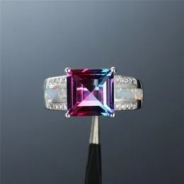 Vintage Female Rainbow Crystal Stone Ring Charm White Opal Wedding Rings For Women Cute Silver Color Square Engagement Ring271t