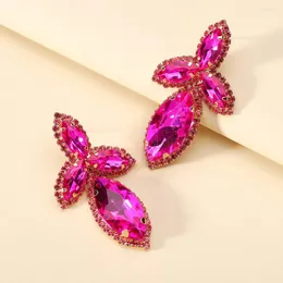 Dangle Earrings Luxury For Women Girl Elegant Metal Leaves Fuchsia Crystal Brincos Jewelry Ear Accessories