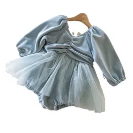 Infant kids ruffle velvet rompers toddler girls V-neck long sleeve splicing lace tulle jumpsuits baby princess climb clothing Z6275