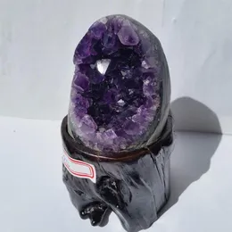 Slumpmässig 260-300g Natural Amethyst Cluster Quartz Crystal Geode Prov Healing Decorating Stone Healing For Home Decor with Wood S246W