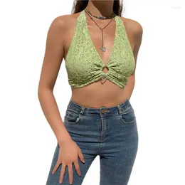 Women's Tanks Halter Vest Tops Summer Sexy Deep V-neck Sleeveless Hollow Metal Ring Decoration Crop Casual Female Tube