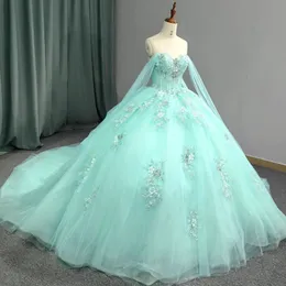 Menta verde fuori dalla spalla 15 vestito quinceanera 2024 perle in pizzo applique abito da ballo abiti da cucina abiti da principessa formale abito