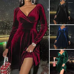 Casual Kleider Hochelastizitätskleid Elegante V-Ausschnitt Velvet Party für Frauen Langarm A-Line-Weihnachtskleid mit Taillen Damen