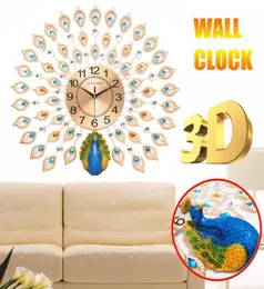 Stor 3D Diamond Crystal Quartz Peacock Wall Clocks Titta på europeisk modern design för hemmet vardagsrumsdekor tyst väggklocka5046939