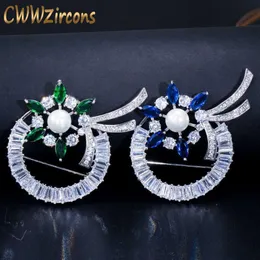 Brilliant Green and Blue Cubic Zirconia Paved Women Large Beautiful Flower Brooches Pins Jewelry with Pearl BH005 210714293z