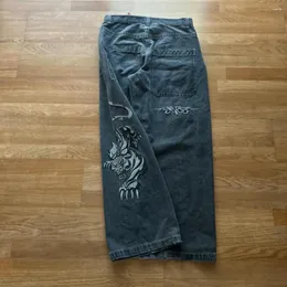 남자 청바지 스트리트웨어 Y2K 남성 힙합 jnco tiger 그래픽 레트로 헐렁한 하라주 쿠 고딕 하이 허리 와이드 다리 바지