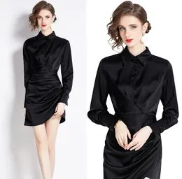 2024 디자이너 흑인 파티 새틴 셔츠 드레스 여자 긴 슬리브 옷깃 버튼 슬림 한 우아한 딱딱한 휴가 실크 미니 드레스 프링 런 런웨이 바디콘 볼 가운