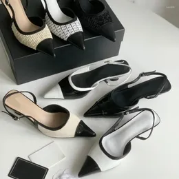 Sandaler pekade tå blandade färger slingbacks damer märke designer sommar mid-heel spänne eleganta klänning party skor för kvinnor