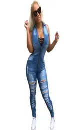 Kvinnor Sexig sommar denim Jumpsuit ljusblå jeans Kombinezony för kvinna ärmlös tvättad Combinaison Pantalon Femme7543830