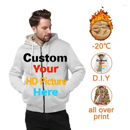 Men's Hoodies 3D Print Customized Oversized Fleece Warming Hoodie Zip DIY Long Winter Jacket Men Warm Top Drop Wholesale Clothes