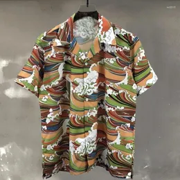 メンズカジュアルシャツメンカラフルなウェーブプリントビーチシャツハワイアントロピカルホリデートップ