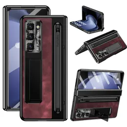 Für Samsung Galaxy Z Fold 5 Hülle Vintage Lederscharnierfalte 4 mit S Stifthalter Magnet Kickstand Vollbildschutzschutzabdeckung