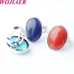 Wojiaer Fashion Natural Stone Howlite Ring Geometry Oval Blue Turquoise女性用ジュエリー用調整可能リングBZ910291L
