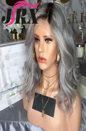 Ombre Grey Lace Front Human Hair Wig Pre Plucked Transparent Synthetic Wigs for Women Cosplay Party3298487