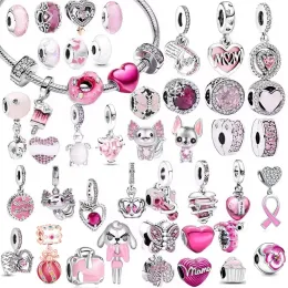 925 Sterling Silver Ny äkta rosa original charm kärlek dryck murano glas hjärtformade hängpärlor lämpliga för panarmband, smycken gratis frakt