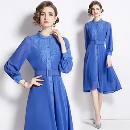 Vintage Embroidery Blue Casual Chiffon Dress Long Sleeve Woman Designer Mock Neck Slim Elegant Fit Party Midi Dressess 2024 Spring Fall Vacation Runway Ballgown