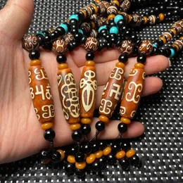 Hänge halsband Ancient Tibetan Dzi Agates Huiwen Six Words Tassel Agat Stone Strand Long Necklace For Women Reiki Healing