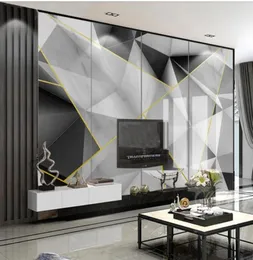 Modern simple threedimensional geometric gold line gray and white marble TV background wall 3d wallpapers6681291