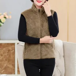 Women's Vests Thermal Waistcoat Mid-aged Plush Stand Collar Vest Coat With Zipper Closure Neck Protection Solid Color For Fall