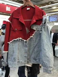 spring Korean loose contrast color stitching fake two BF wind broken hole rough edge Denim Jacket Women's fashion 231222