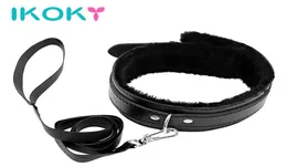 Ikoky sm bondage penteado colarinho de colarinho peludo fetiche pu de couro de couro colares para casais homens homens cinturão ajustável Q17071843588884