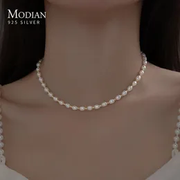Modian Real 925 Sterling Silver Natural Freshwater Pearl Charm Necklace Choker Short Chain Necklace Netklace Jewelry Wedding 231222