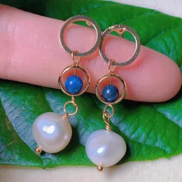 Dangle Ohrringe natürliche weiße Perle Lapis Lazuli Perlen Ohrhörer 18k Gold Valentinstag Day Fool's Haken Halloween schön kultiviert