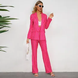 Zweiteilige Hosen von Frauen Glcmyaya-Women Elegant Stripe Blazer 2 Set lässige Vintage-Jacken Straight Pant Suits weibliche schicke Hosenanzug Anzug