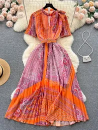 Partykleider ftlzz Sommer Vintage Lady O-Neck gekräuseltes Blumendruckkleid Urlaub Strand Böhmen Langes Empire Slim Chiffon A-Line