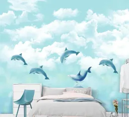 Tapeten CJSIR Custom 3D Tapete Wandbauer Nordic Hand gezeichneter Cartoon Ozean Himmel weiße Wolken Delphin Kinder Raum Hintergrund Wand P9924104