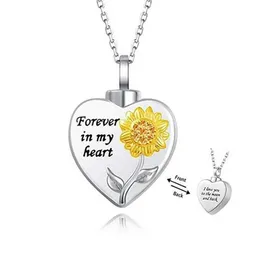 Doreen Box Fashion Cremation Ash Urn Heart Sunflower Pendants Halsband Silver Color Metal Women Män kan öppna smycken gåvor 1PC252L