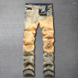 Herren Jeans Männer Distelte Spleiß Hip Hop Amerika zerrissen Jean Farbig geteiltes Loch Gerade Fass Mikro elastischer Hose Slim