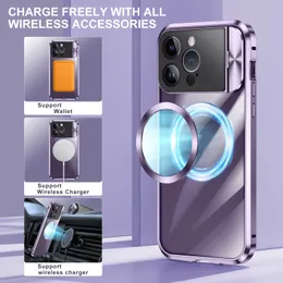 iPhone 15 Pro Max Case Magnetic Wireless Charger 14 Plus 알루미늄 합금 범퍼 렌즈 홀더 클리어 커버 용 고급 설계자 케이스