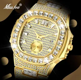 Наручные часы MISSFOX Золотые часы Мужские лучшие бренды Pp Модные классические квадратные часы с бриллиантами Iced Out Водонепроницаемые часы с двойным циферблатом Drop5484993