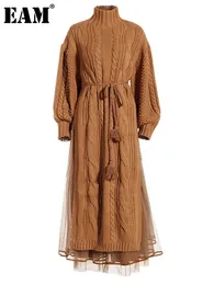 EAM Women khaki Knitting Mesh Big Size Dress Turtleneck Long Sleeve Loose Fit Fashion Spring Autumn 2024 1DH35 231225