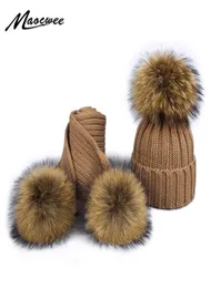 Menina pom pom gorro quente malha bobble pele pompom chapéu e cachecol conjunto crianças real pele de guaxinim pompom inverno chapéu crânios y2010245494461