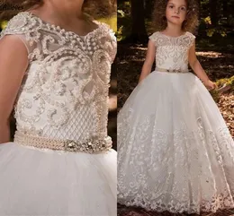 Perle perle abiti gril gril in pizzo maniche a berretto da scollo per la principessa abito da ballo prima comunione abito da festa pavimento lunghezza principessa per evento formale indossare cl3118