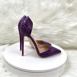 Purple Emed Crocodile Sandals Effect Women Pointy Toe Slip On Hollow High Heel Shoes For Party Sexy Ladies Dress Stiletto Pumps 8843