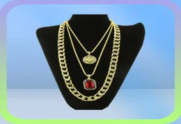 FashionHop Collana Gioielli Nuova collana con ciondolo rubino 3 pezzi Set set di gioielli con catena a maglia cubana di moda9330434