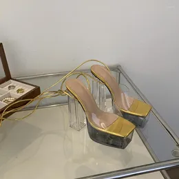 Clear Gold Sandals Heeled Cross 14cm Strappy Ankle Platform Shoes PVC Transparent High Heels Big Size 42 Plataforma Feminina 5XAJSabcXAJSaa530