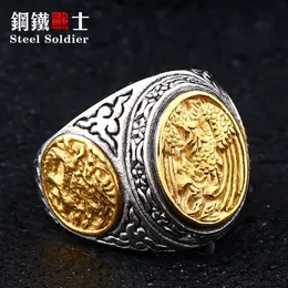 スチールソルジャードラゴンとフェニックスステンレスリングファッションメンズ到着UNQIUE JEWELRY CLUSTER RINGS270Q