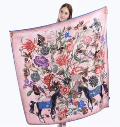 130 سم × 130 سم 100 Twill Silk وشاح النساء إسبانيا الأزهار الحصان مربع الأوشحة
